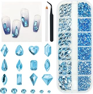 1802Pcs Light Blue Nail Rhinestones Baby Blue Gems for Nails 72 Multi Shapes K9 Glass Big Diamonds +1730 Flatback Round Beads Stones Crystals Jewels Nail Art Charms for Nails Faces Eyes Makeup