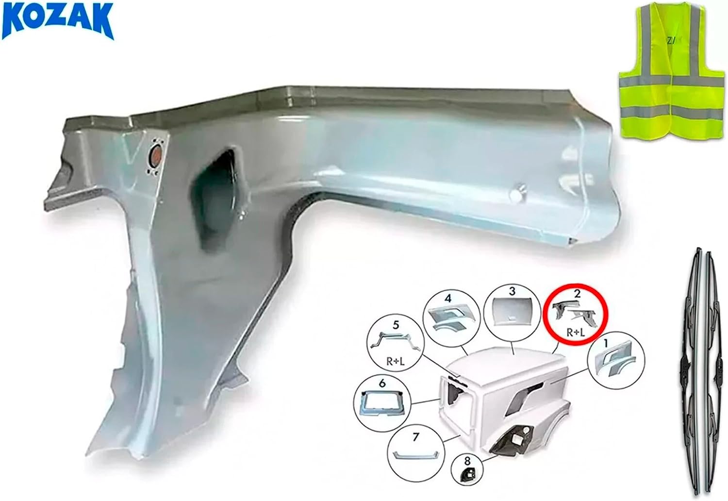 KOZAK Fiberglass Inner Hood Reinforcement/Big Support Bracket Left Driver Side Compatible with Volvo VNL 2004-2017 PLUS Logo with Stripe, 2x 22" Wipers and Vest