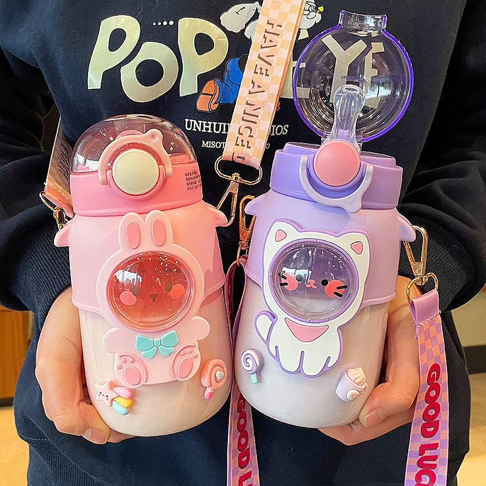 Kawaii Water Bottle Cute Water Bottles with Straw, Kawaii Bear Water Bottle with Adjustable Strap and Stickers - for School Outdoor Travel, BPA-Free, 24oz (Pink Rabbit)
