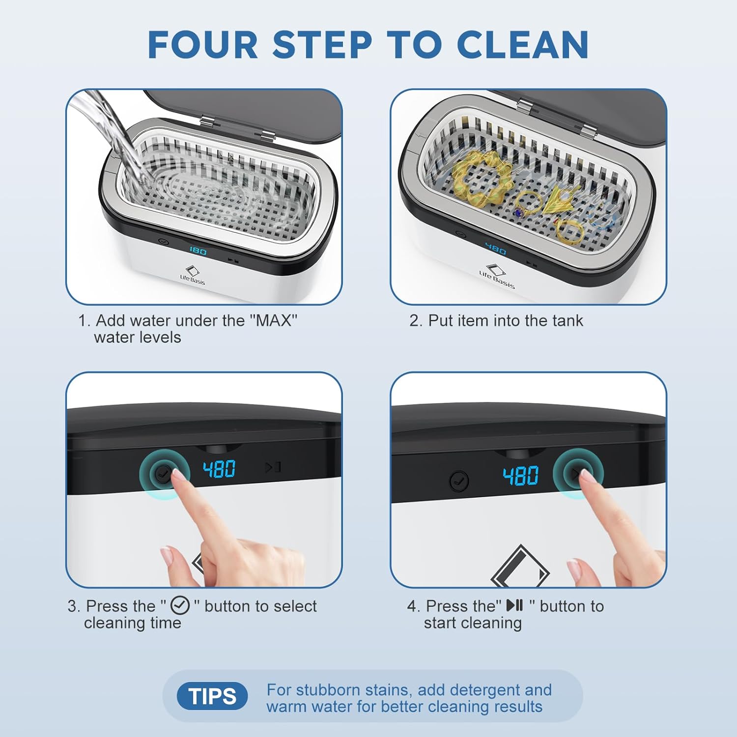Life Basis Ultrasonic Jewelry Cleaner – Portable 500ML Sonic Cleaning Machine with 42kHz Deep Cleaning, 5 Timer Settings, Stainless Steel Tank, for Rings, Eyeglasses, Watch Straps, Coins, Dentures
