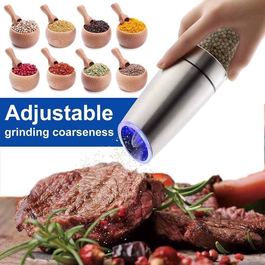Electric Salt and PepperGrinder Abrader Mill Set Premium Quality Easy 1-Touch Operation Long Lasting, Stainless Steel Design Adjustable Coarseness.