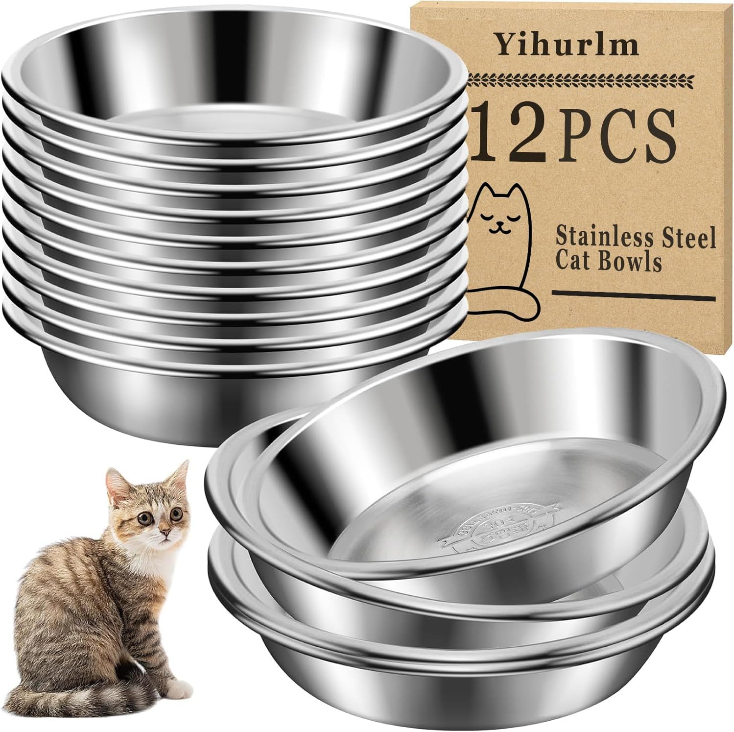 12pcs Metal Cat Bowls, 5.5in Stainless Steel, Shallow Wide Food Dishes, Relief Pet Bowls for Elevated Stand, Dishwasher Safe