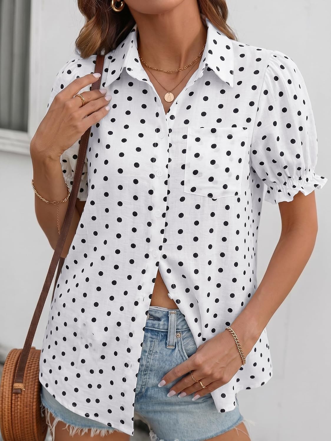 LOMON Linen Shirts for Women Puff Sleeve Button Down Summer Casual Cotton Linen Blouses Collared Work Tops Dressy