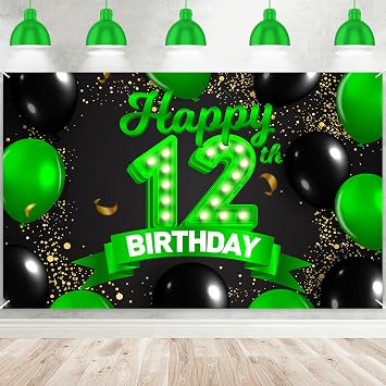 Happy 12th Birthday Green and Black Banner Backdrop Cheers to 12 Years Old Confetti Balloons Theme Decor Decorations for Girls 12 Years Old Birthday Party Bday Supplies Background Gift Glitter