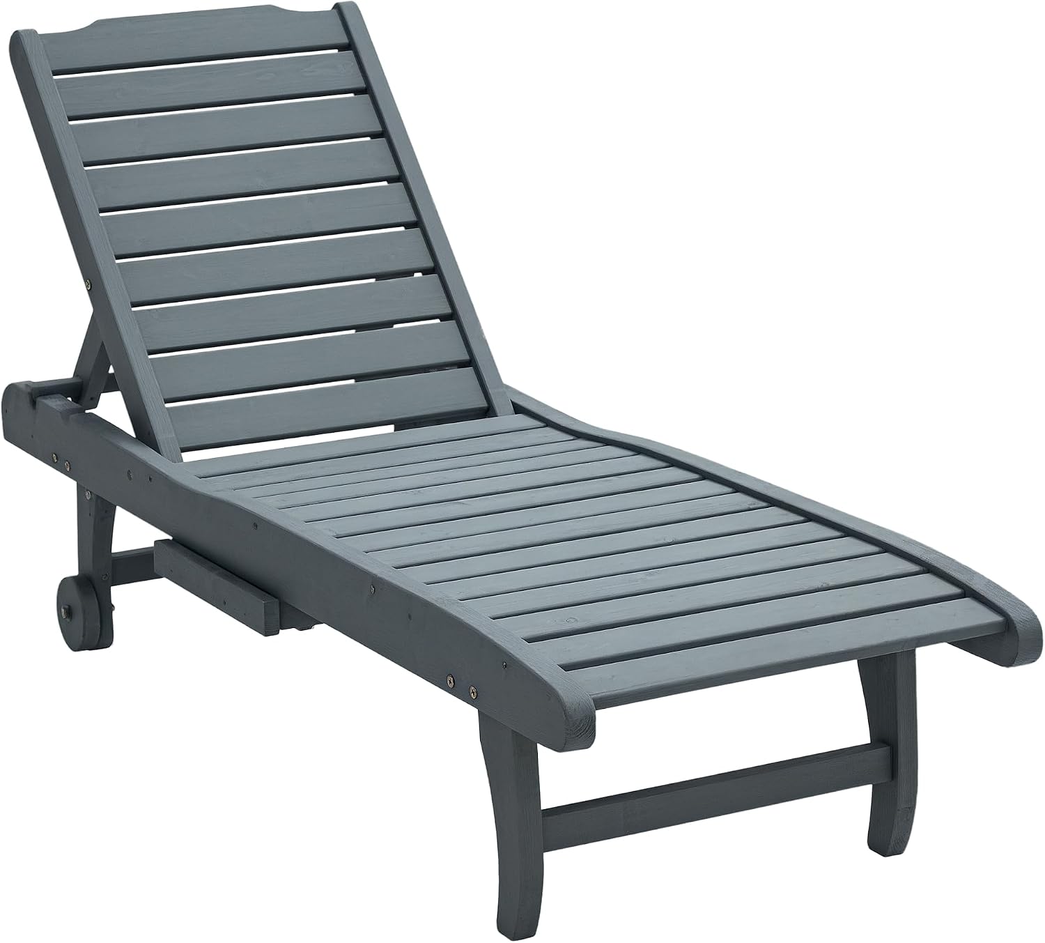 Outsunny Garden Patio Sun Lounger, Outdoor Wooden Sun Bed with Built-In Table, Reclining Backrest and Rolling Wheels for Sunbathing, Grey