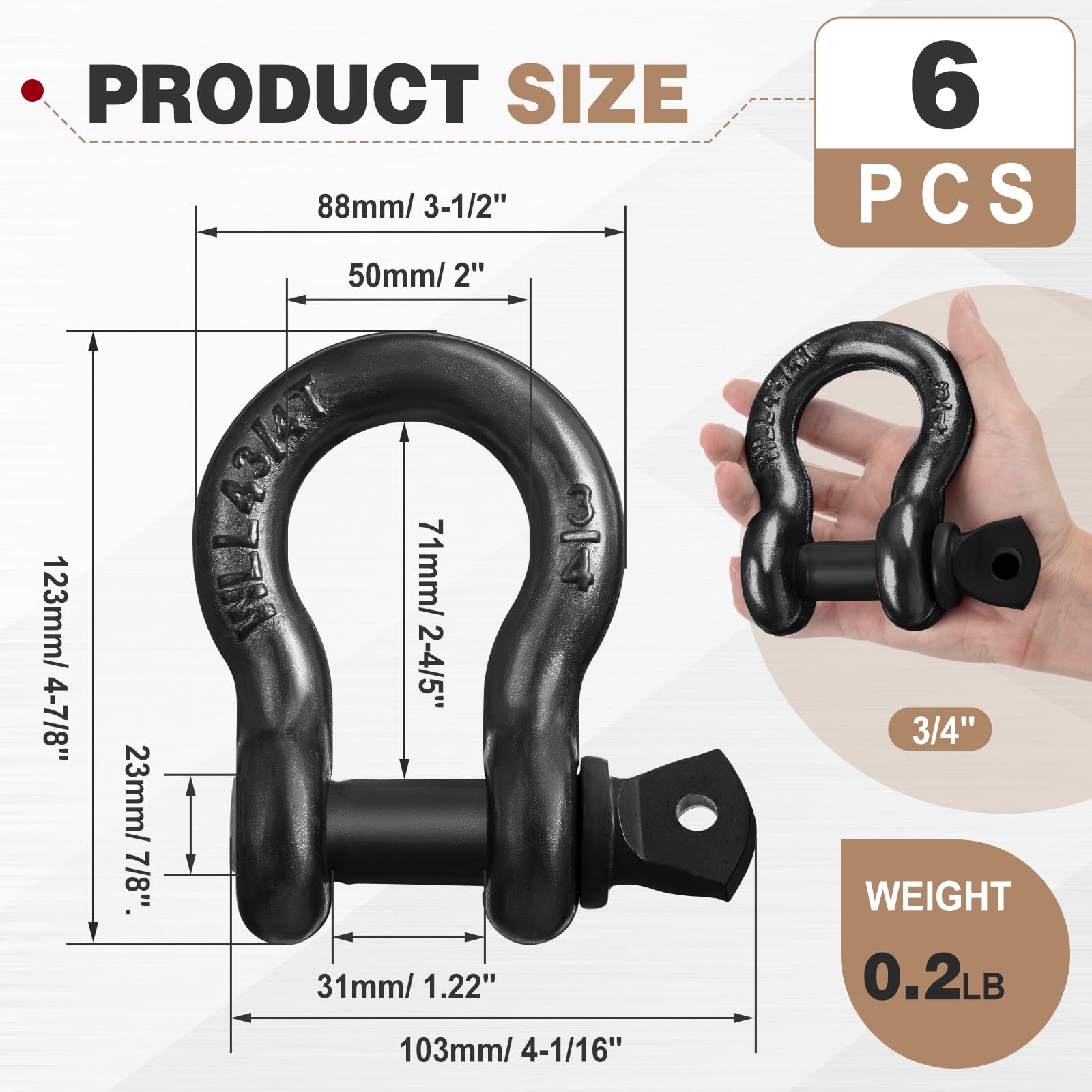 Confezione da 12 grilli ad anello a D da 1,9 cm, resistenti, con perno a vite, rivestimento zincato, per sartiame e rimorchio, argano fuoristrada, camion, recupero veicoli