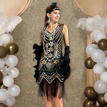 WILDPARTY – Déguisement Années 20 Femme – Robe à Paillettes, Franges, Perles – Ensemble 7 Pièces – Gatsby