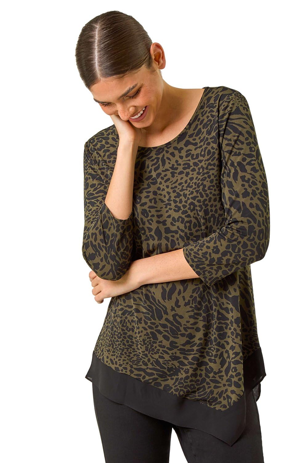Roman Originals Women's Khaki Chiffon Hem Top For Uk - Asymmetric Hemline Stretchy Blouse Summer Spring Evening Vacation Work Holiday Short & Long Sleeve Smart Casual - Size 10