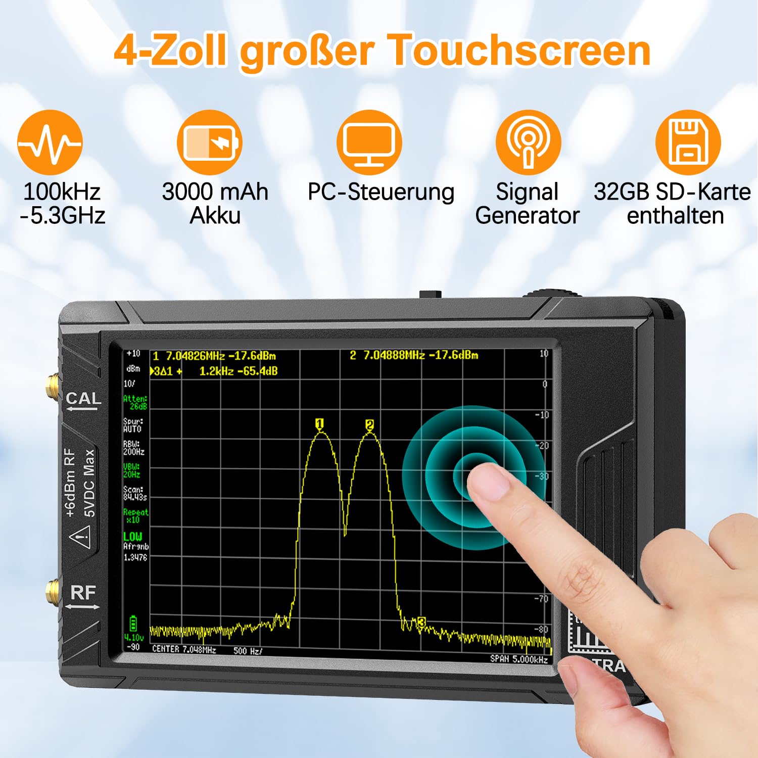 TinySA Ultra Spektrumanalysator, 100kHz-5,3GHz Handheld Frequenzanalysator 4-Zoll empfindlichem Touchscreen, 2-in-1-Signalgenerator 100kHz bis 800MHz Eingang | 32GB SD-Karte,ESD-Schutzfunktion