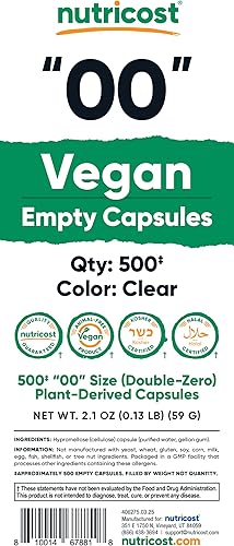 Miniatura 4 de Nutricost Cápsulas vacías tamaño 00 veganas  500 cápsulas transparentes vacías a base de plantas  Certificado Kosher, certificado Halal, sin OMG,