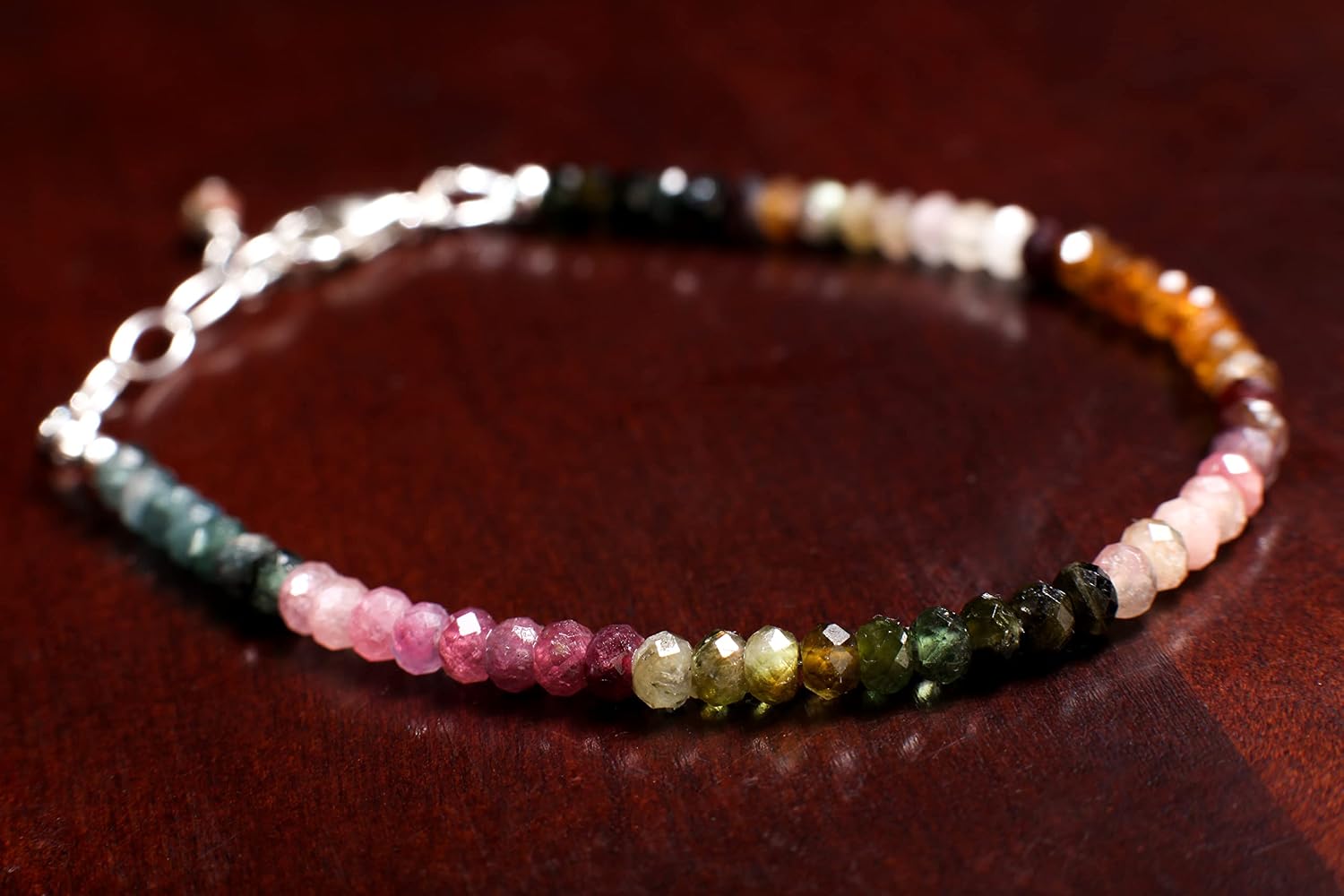 Watermelon Tourmaline Bracelet Faceted Rondelle Bracelet in 925 Sterling Silver Chain with 1" Extension, Clasp, Gift for her