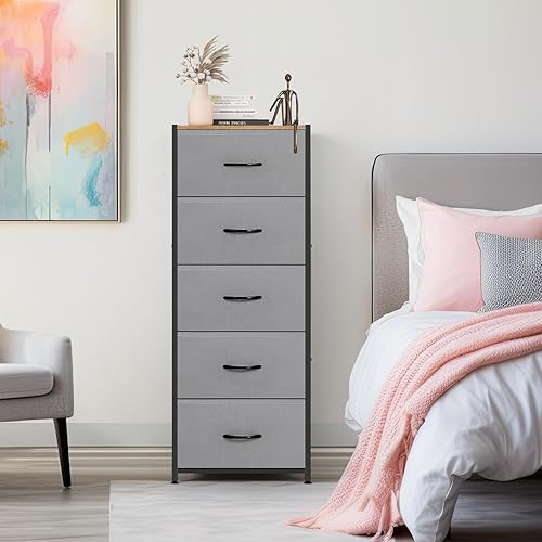Miniatura 4 de MOOACE Cómoda de 5 cajones para dormitorio, cajones altos de almacenamiento de tela, unidad organizadora de torre con parte superior de madera para