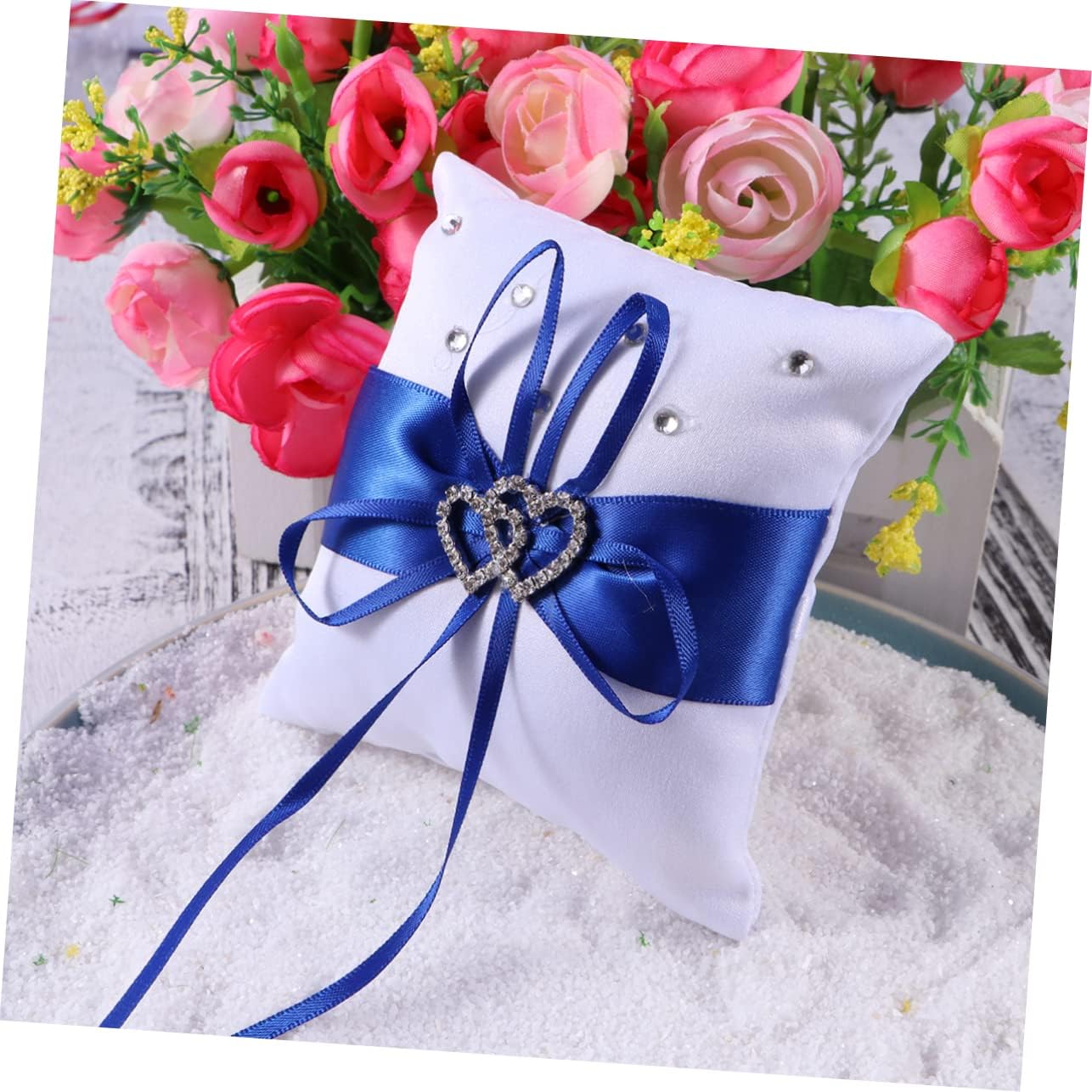 Alipis Double Heart Wedding Ring Pillow 10x10cm Cloth with Satin Ribbons