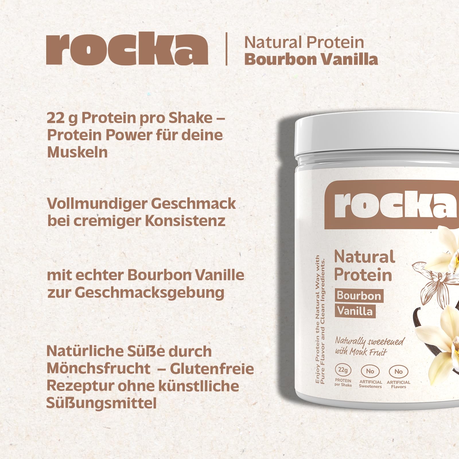 Rocka Nutrition Natural Protein – Veganes Proteinpulver ohne Süßungsmittel – 22g Protein – Clean Pflanzenprotein ohne Zuckerzusatz & Aromen - Produziert in Deutschland – Bourbon Vanilla 600g