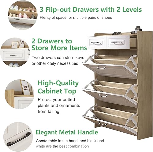 Miniatura 9 de HZANHY Zapatero blanco con 3 cajones abatibles, organizador de zapatos independiente con soporte de cajón de metal para entrada, armario estrecho