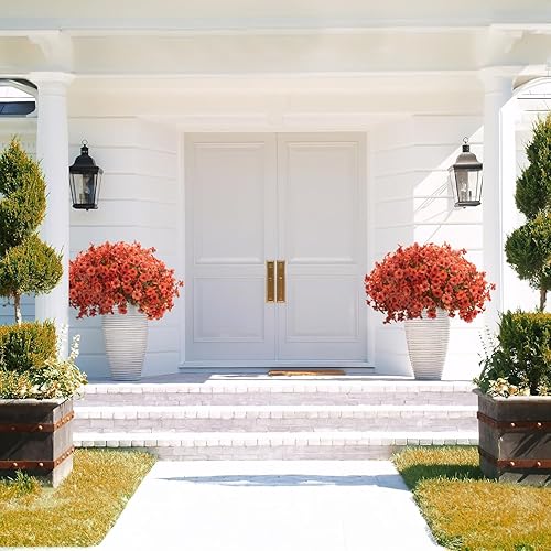 Miniatura 4 de Flores artificiales de otoño para exteriores, 16 paquetes  Margarita sintética resistente a los rayos UV con hojas de eucalipto, plantas falsas