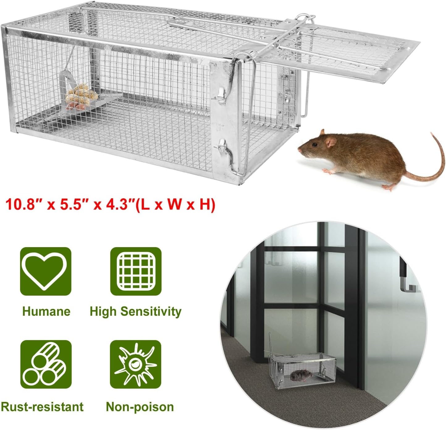 iMounTEK Humane Live Mouse Trap Animal Steel Cage Traps, Reusable Metal Rat Rodent Cage Catch Release Continuous Capture Indoor Outdoor/ 10.8x5.4 x4.4 inch (Sliver)