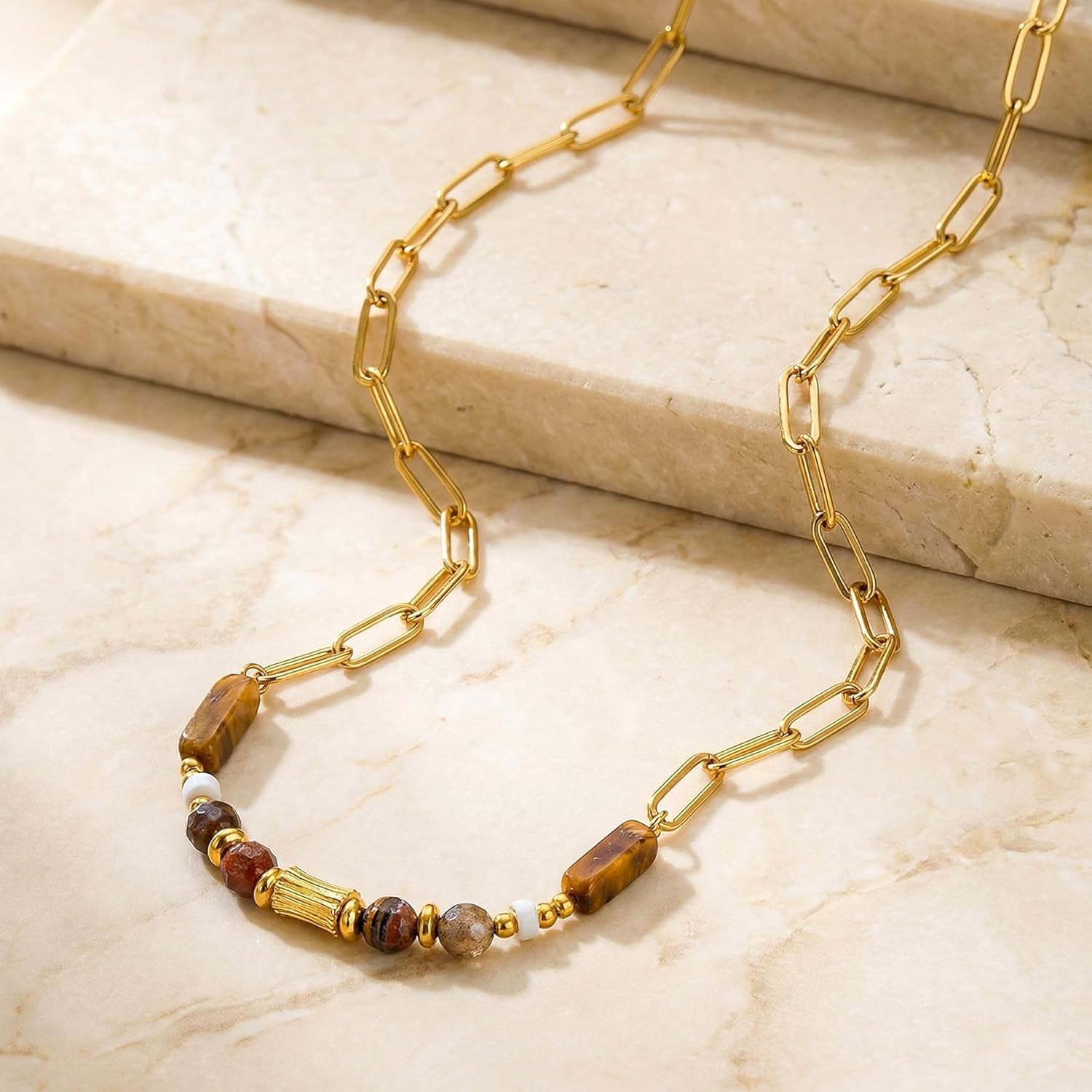 Harlermoon Tigers Eye Necklace Gold Brown Stone Pendant Boho Necklace Chunky Adjustable Bohemian Statement Dainty Jewelry for Women - Image 6