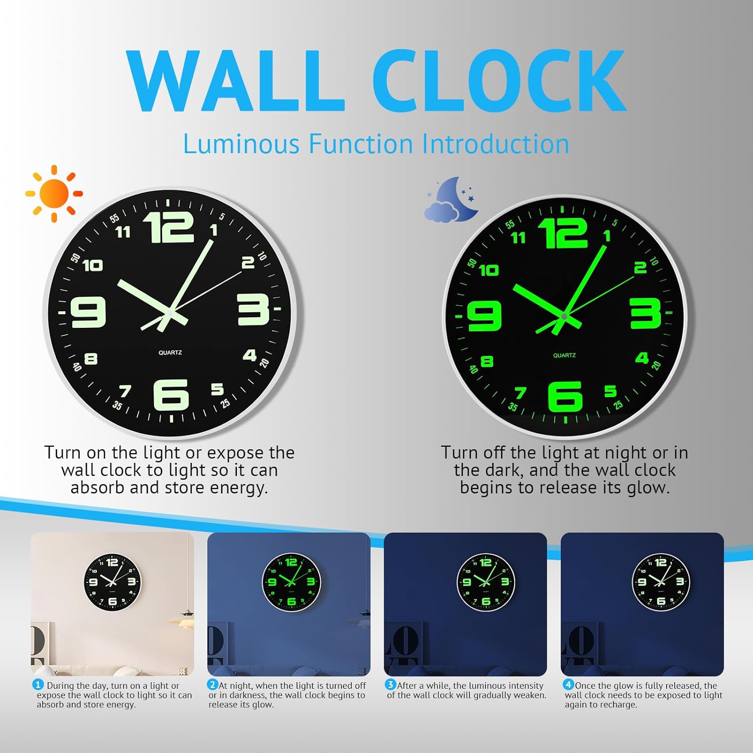 12 inch Wall Clock Silent Wall Clocks Glow in The Dark Clocks Analog Battery Operated Night Light Clock Up Neon Modern Wall Clocks for Living Room, Bedroom, Kitchen, Bathroom, Home Decor