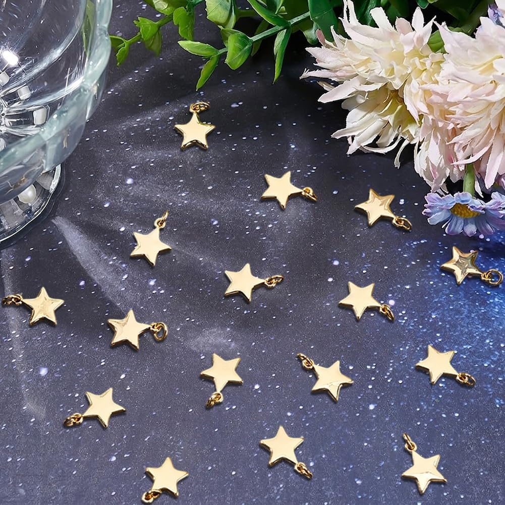 Beebeecraft 20Pcs Flat Star Charms 18K Gold Plated Brass Five-Pointed Star Charms with Jump Rings Pentagram Charm for Jewelry Making Pendant Necklace Bracelet, 17x20mm