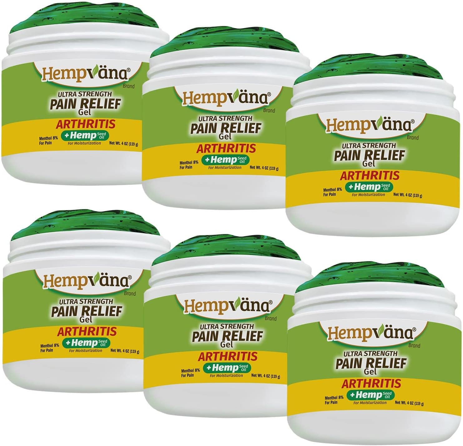 Hempvana Relief Gel, Formulated to Target and Relieve Pain Fast, with Glucosamine and Chondroitin, Enriched with Hemp Seed Oil, Maximum Strength Formula, 3-oz Jar, Arthritis 6 Pack