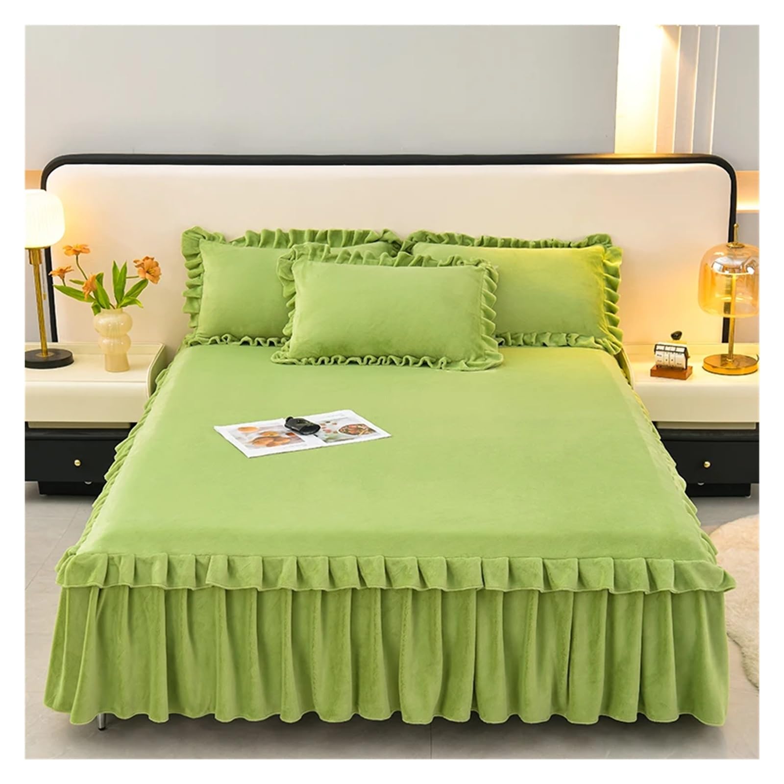Bed Skirt Velvet Bedspread Ruffles Bed Cover Skin-friendly Mattress Protector Lace Bedsheet (No Pillowcase)(Cuilv,SKing 200x220cm 1pc)