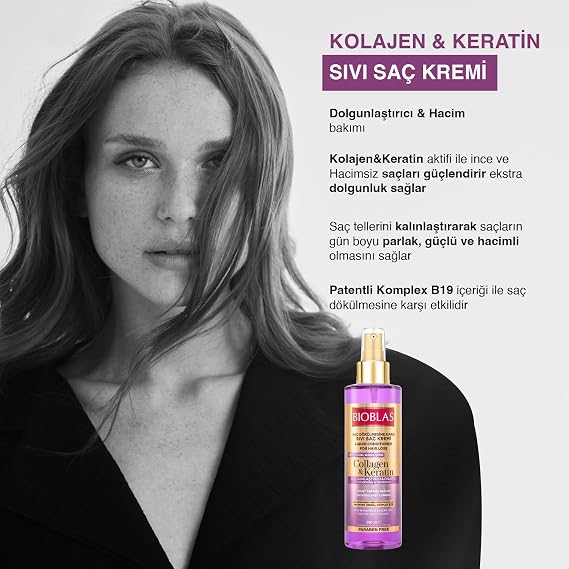 Bioblas Kolajen & Keratin Sıvı Saç Kremi – Durulanmayan, Onarıcı & Dolgunlaştırıcı Etki, Bitkisel Kompleks B19, 200 ml