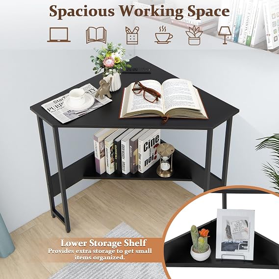 COSTWAY Corner Computer Desk, with USB Ports & Power Outlet, Storage Shelf for Small Space, Triangle Steel Frame Corner Desk for Home Office, Workstation (Black)