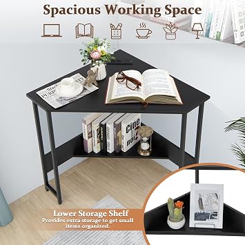COSTWAY Corner Computer Desk, with USB Ports & Power Outlet, Storage Shelf for Small Space, Triangle Steel Frame Corner Desk for Home Office, Workstation (Black)