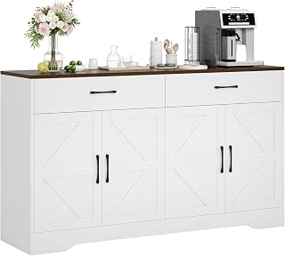 GRUSIGN 55" White Farmhouse Sideboard Buffet Cabinet: Storage Drawers, Doors, Adjustable Shelves for Kitchen, Dining Room