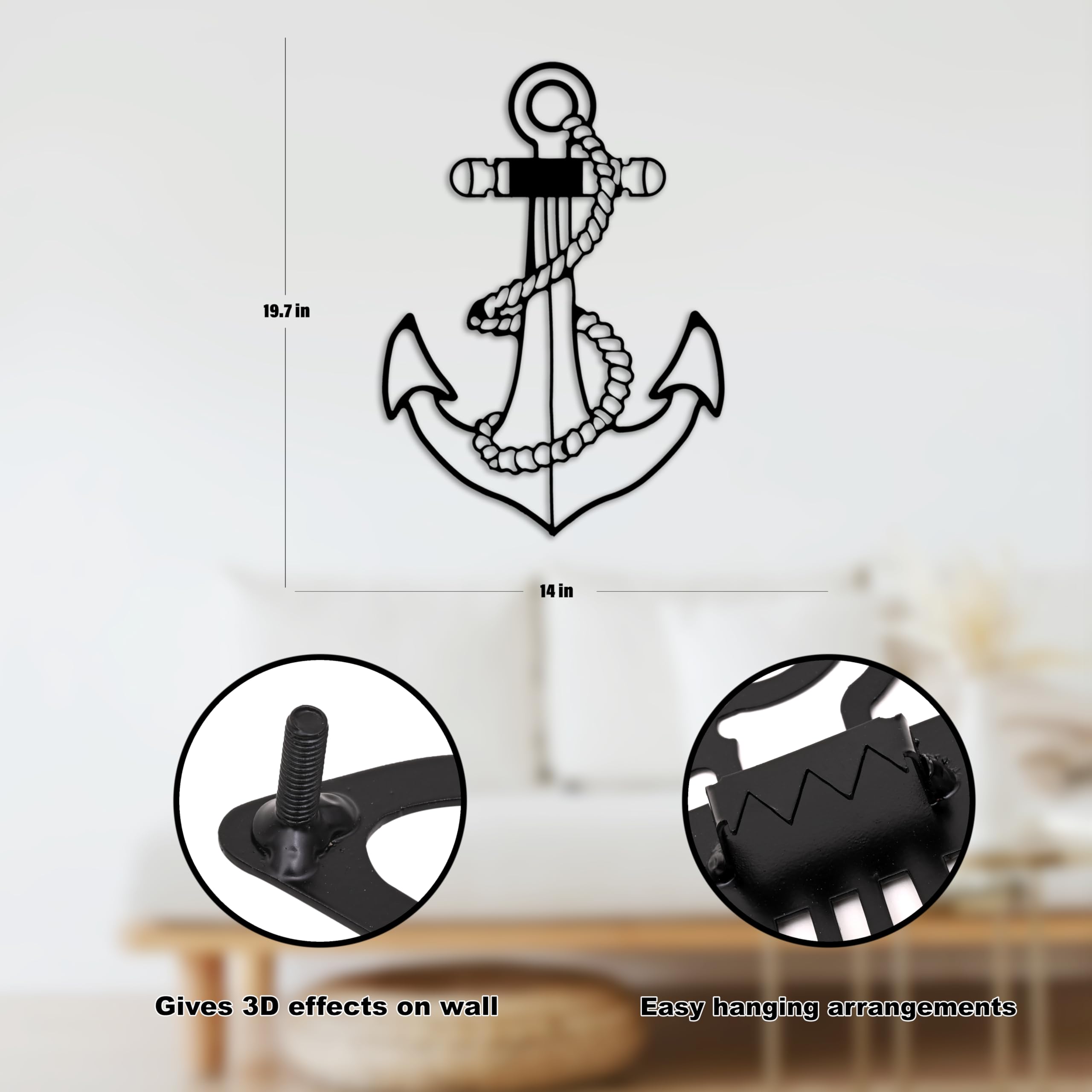 WEHUKOR Anchor Metal Wall Hanging Arts Home Decor, Durable, good ambience Metal Wall Art For Bedroom,Living Room,Drawing room,Hotel,Office,Home Garden (19.7 inch x 14 inch, Black) 2