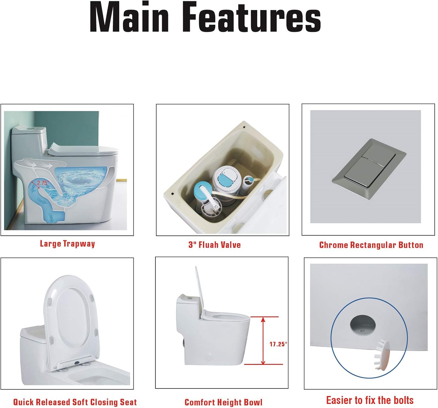 WinZo WZ5080 Dual Flush One Piece Toilet Low Profile 17.25" Raised Comfort Height with Soft Closing Seat White - - 