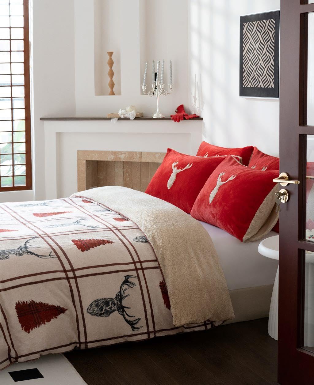 Set copripiumino singolo in pile con cervo e orsacchiotto, colore rosso, per l'inverno