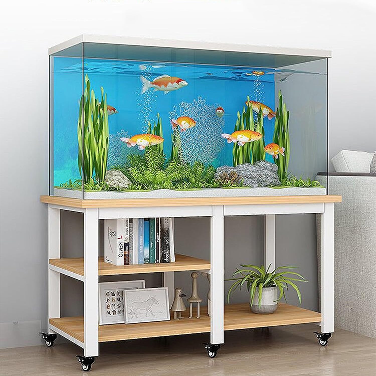 20 Gallon Fish Tank Stand, Reptile Turtle Tank Stand for Home Office, Aquarium Stand with 2-Tier Open Storage Shelves, 1000LBS Black frame + teak 70x40cm