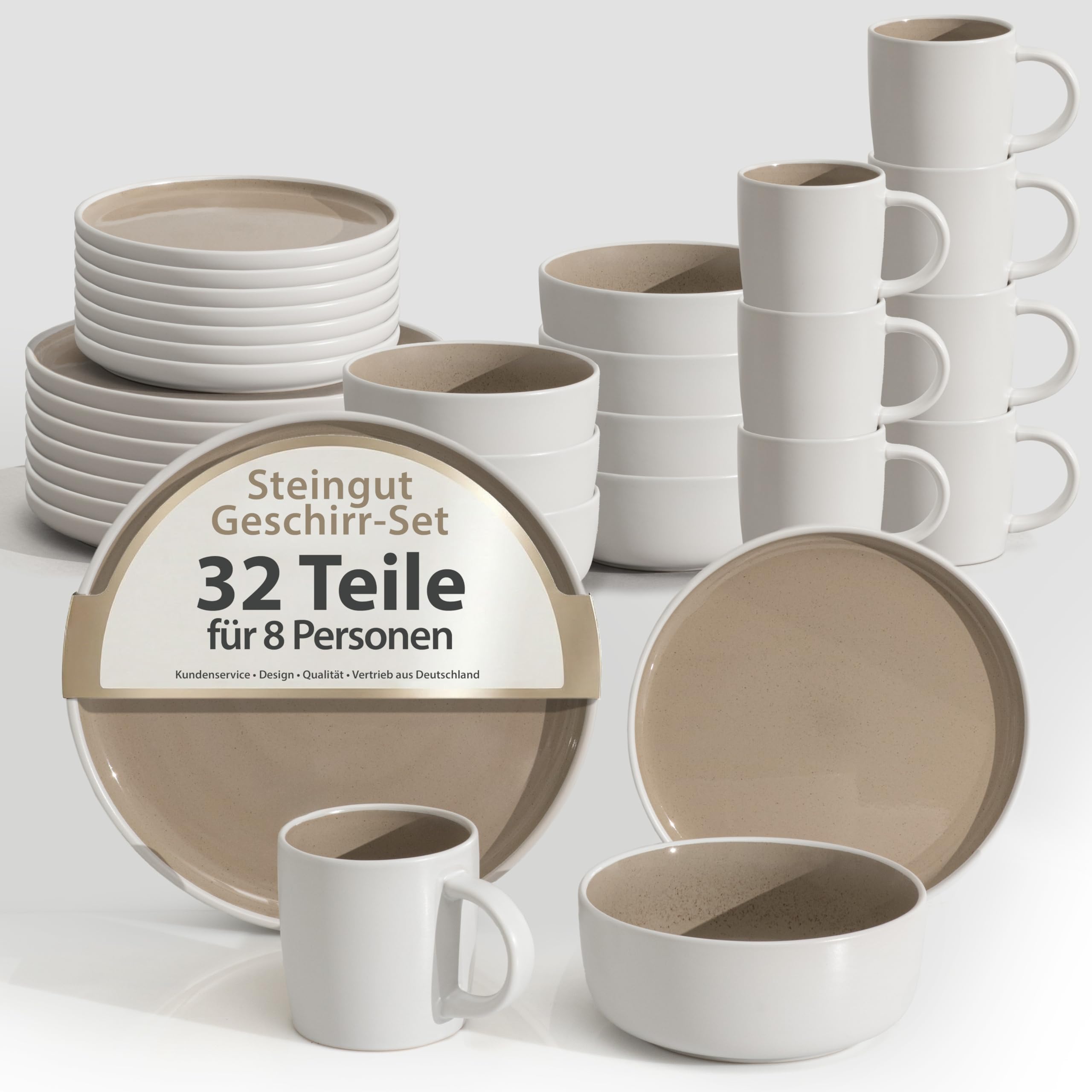 Hausfelder Steingut Geschirrset 8 Personen, 32-teilig, Shadow Stone | Tafelservice mit Tellern, Schalen und Bechern, modern, spülmaschinenfest, Farbe Shadow Stone