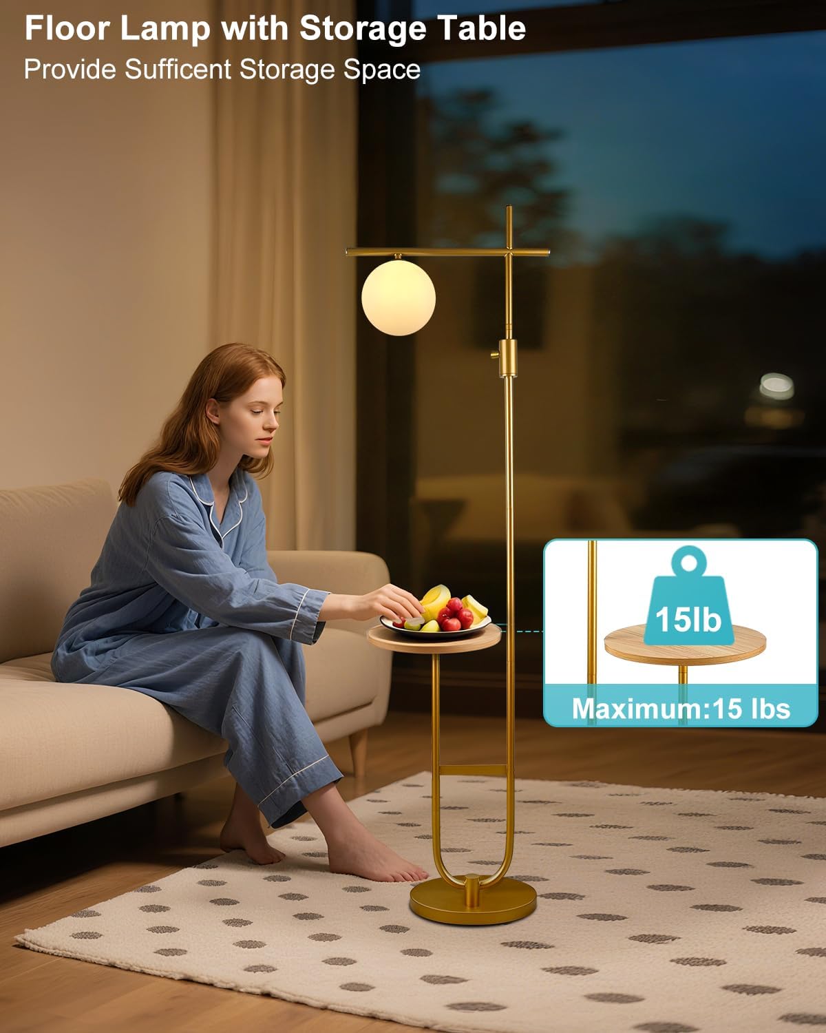 66IN Gold Dimmable Floor Lamps with Storage Table, Modern Standing Tall Lamp with Milky White Globe Lampshade, Cross-Shaped Lamp Head and U-Pole Base Style for Living Room/Bedroom/Office