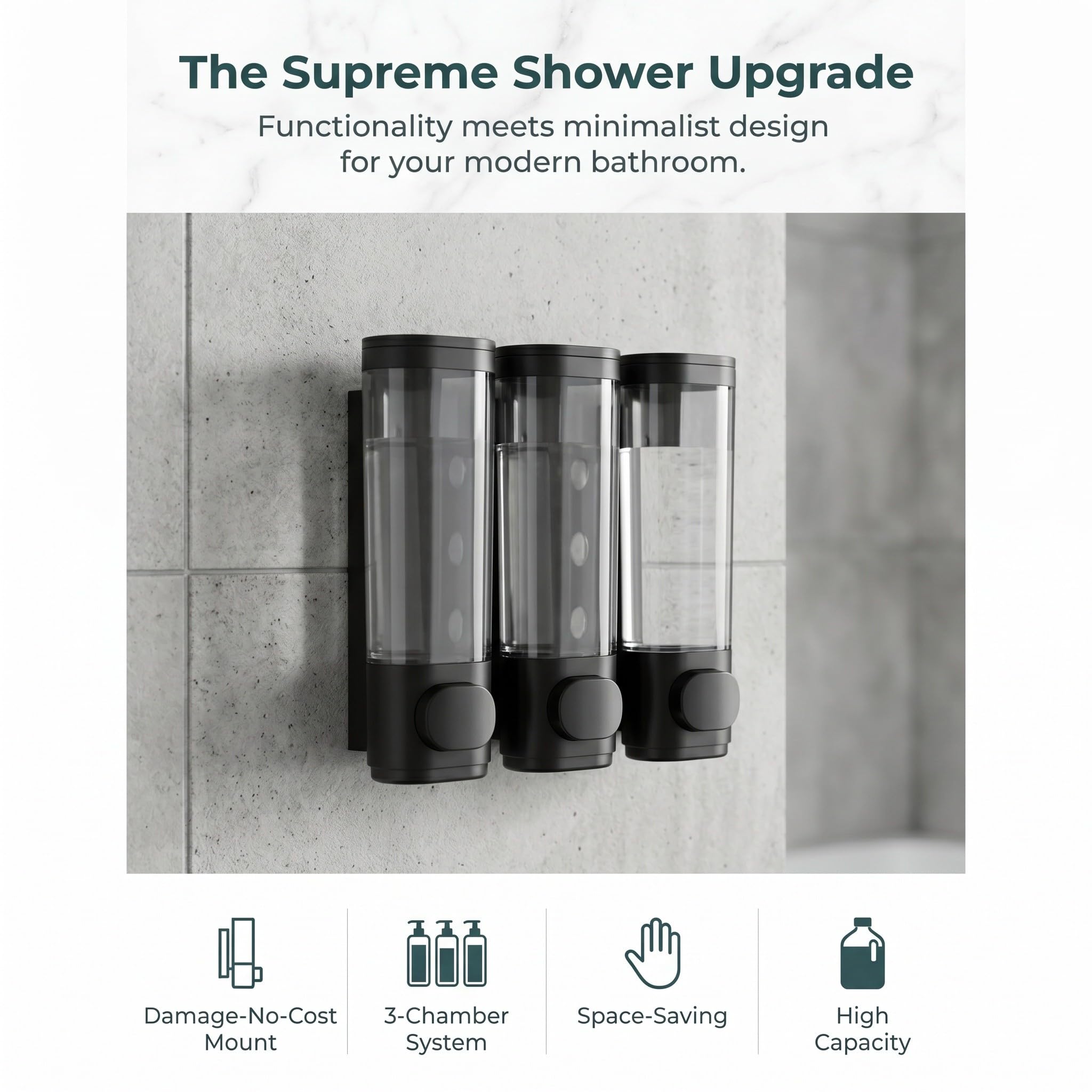 INOOMP 2 dispenser di sapone da doccia a parete: dispenser di shampoo e balsamo ricaricabile a 3 scomparti di grande capacità per casa, hotel, bagno, con pulsante.