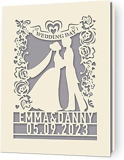 Personalized Wedding Card Gifts Mr and Mrs Gifts Happy Wedding Anniversary Card with Any Name & Date Laser Paper Cut Cards for Girlfriend Boyfriend Bride Groom Wife Husband New Couple(Gray)