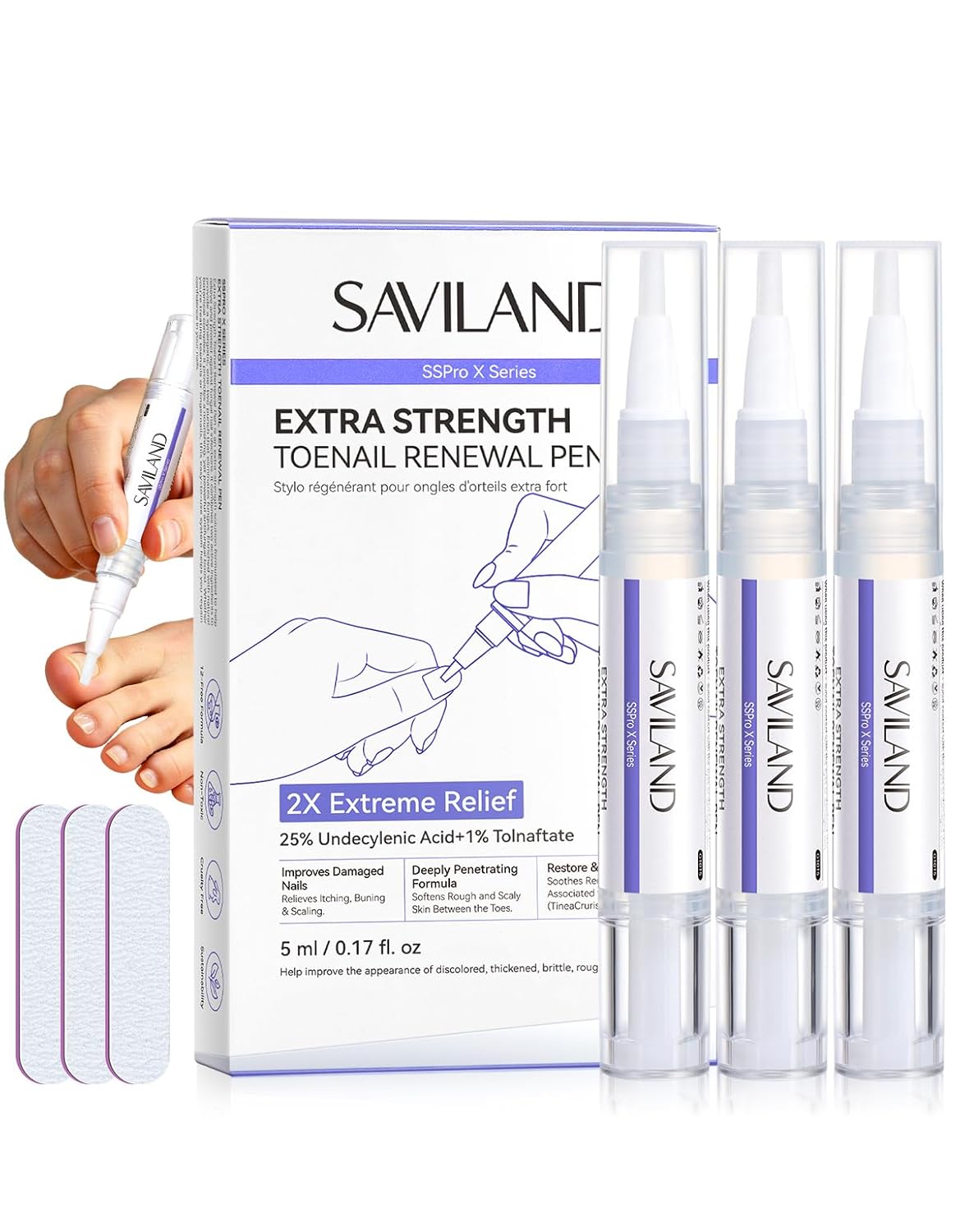 SAVILAND Toenail Fungus Pen Extra Strength: FSA-HSA 25% Undecylenic Acid 1% Tolnaftate Nail Fungus Pen 2X Nail Repair for Damaged Yellow Discolored Thick Foot Toe Nails Softener Treatment Solution