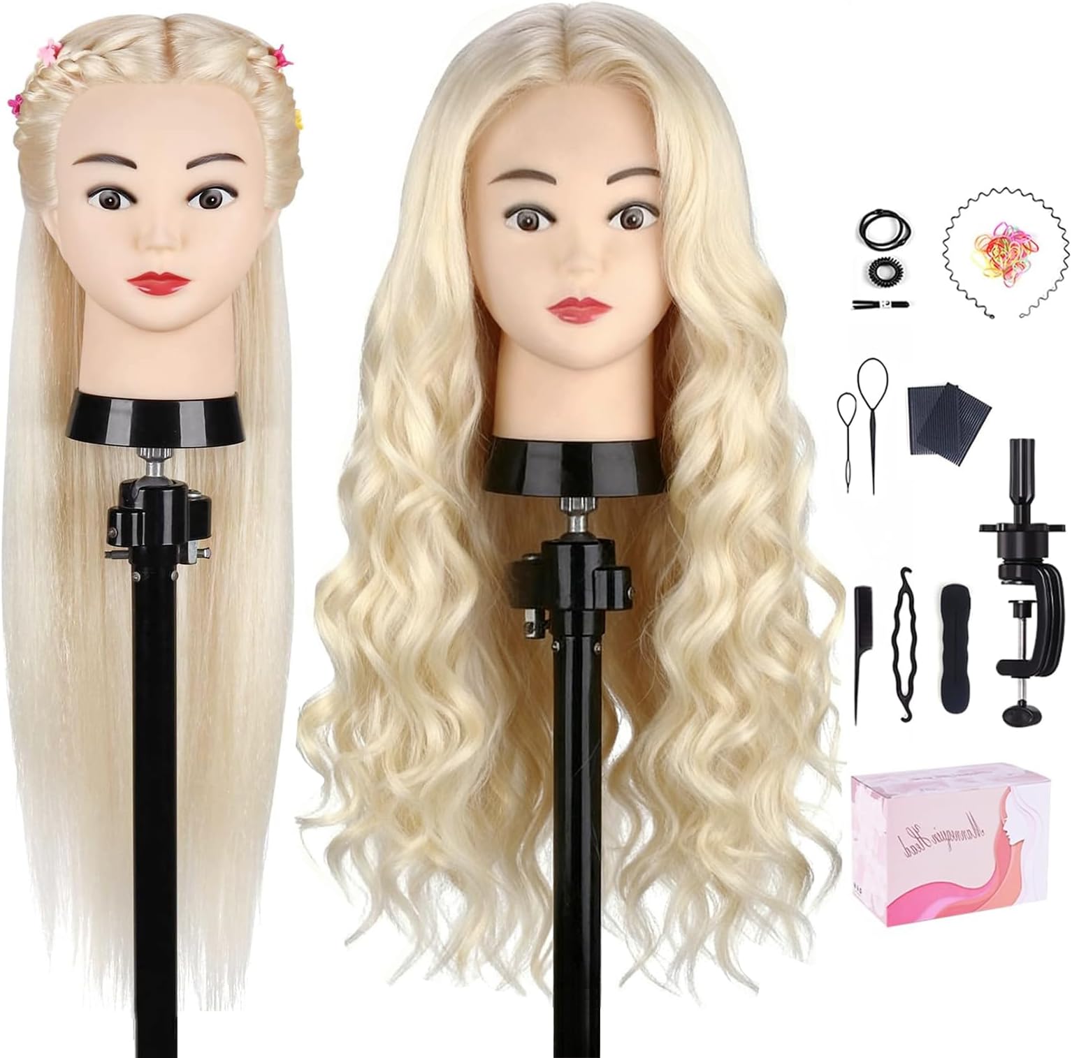 Mannequin Head with 80% Real Hair, TopDirect 24" Blonde Hair Styling Hairdressing Cosmetology Mannequin Manikin Training Practice Head with Clamp and Tools