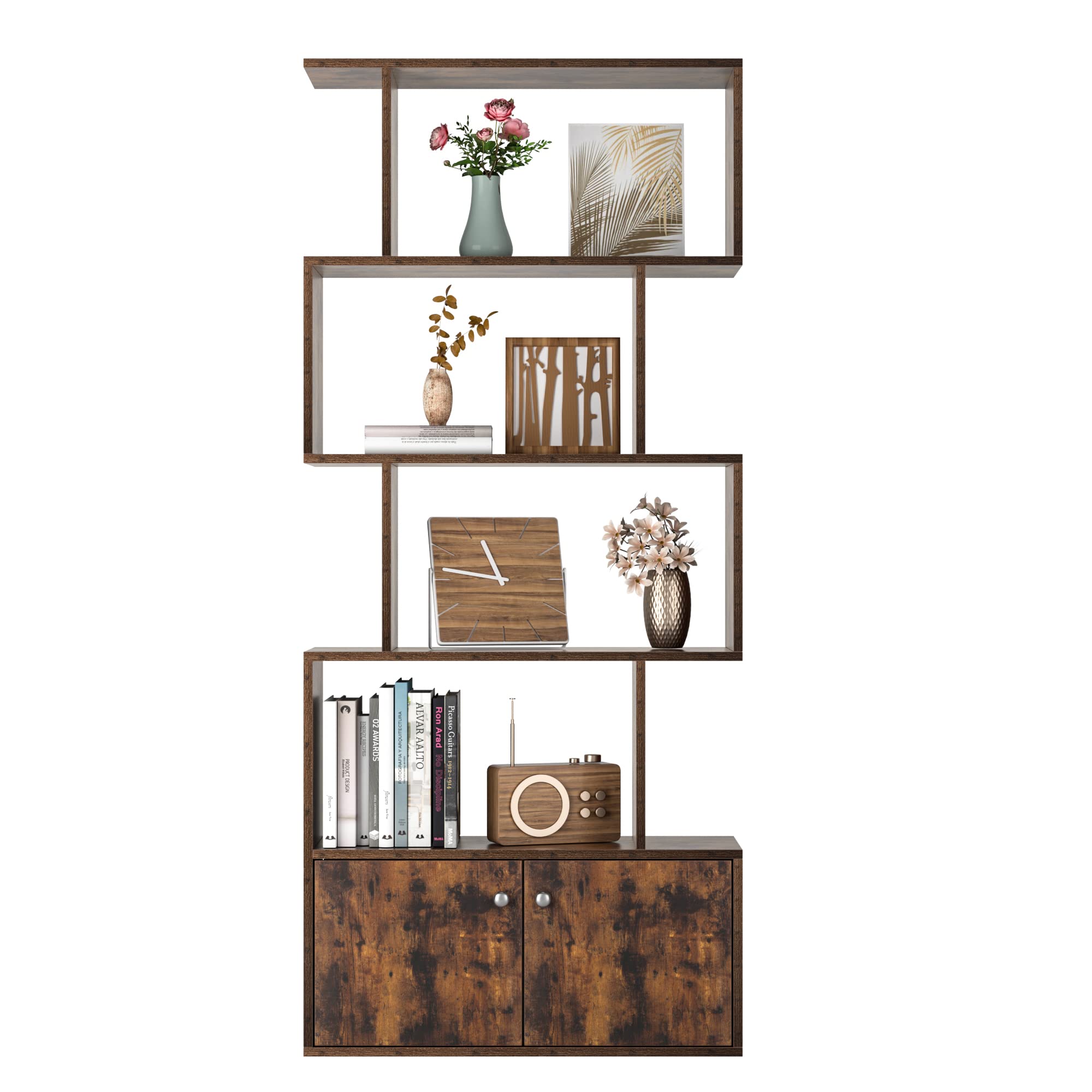 Buy SOMY 5Tier Bookshelf with Doors, Wooden Geometric Bookcase, S