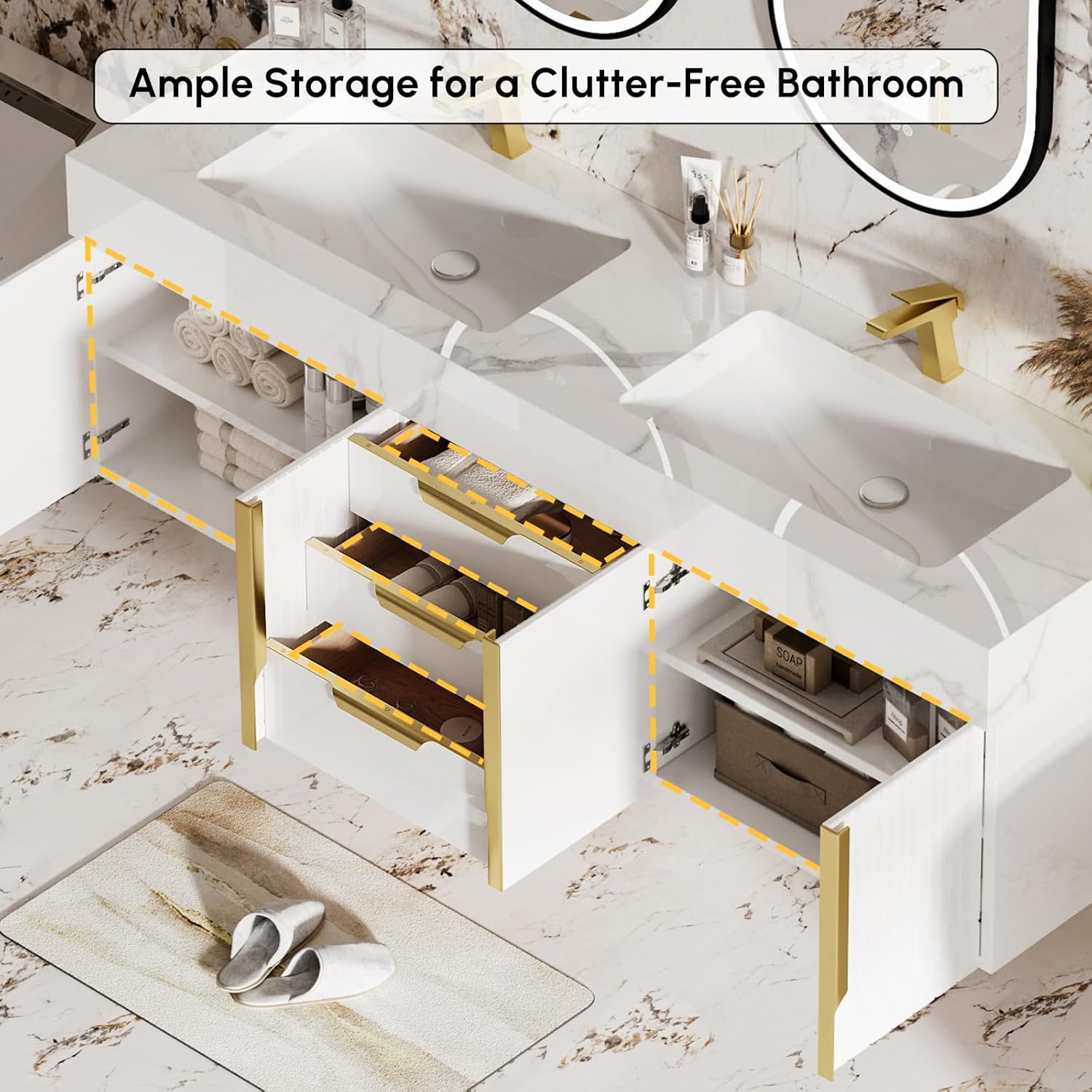 Open drawers and cabinets of the Homary vanity, revealing storage space