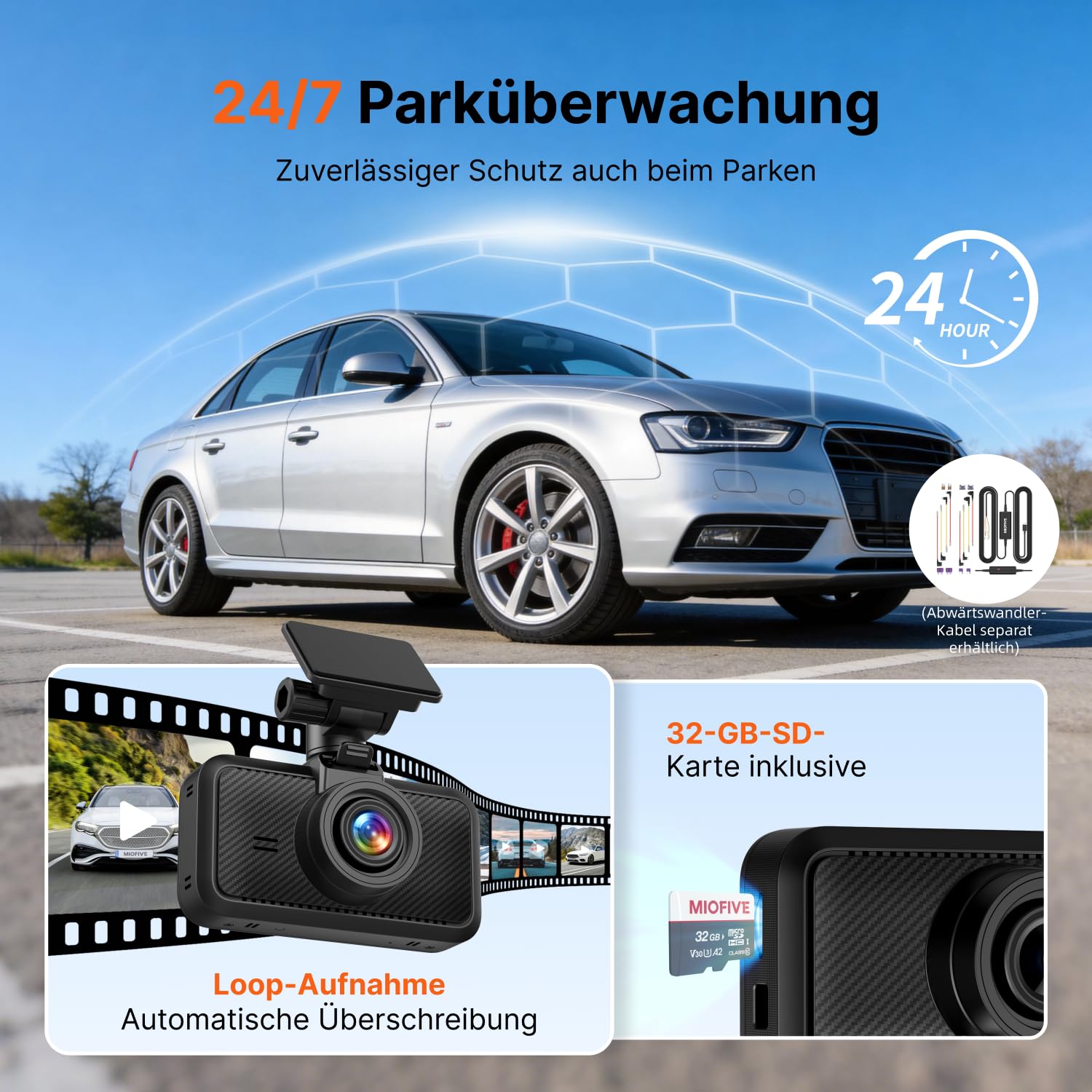 Miofive Dashcam für Front- und Rückkamera 4K/2K, GPS, WiFi, Bluetooth, 3-Zoll-IPS-Display, Nachtsicht, Loop-Aufnahme, HDR, App-Steuerung und unterstützt bis zu 512 GB mit einer kostenlosen 32-GB-Karte