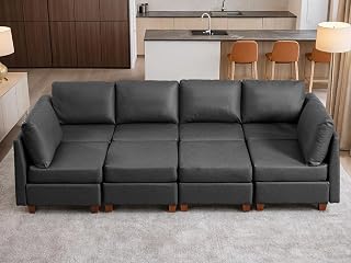 U Shaped Modular Sectional Sofa Cloud Couch with Storage, Faux Leather Sectional Couch for Living Room Furniture, Apartment(8 Seats Black)