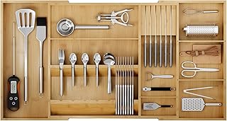 Landmok Bamboo Silverware Drawer Organizer, 17.7-29.5 Inch Expandable Large Kitchen Drawer Organizer, 5-8 Slot Flatware with Removable Card Slots & Knife Block for Spoon Butter Knive, Natural