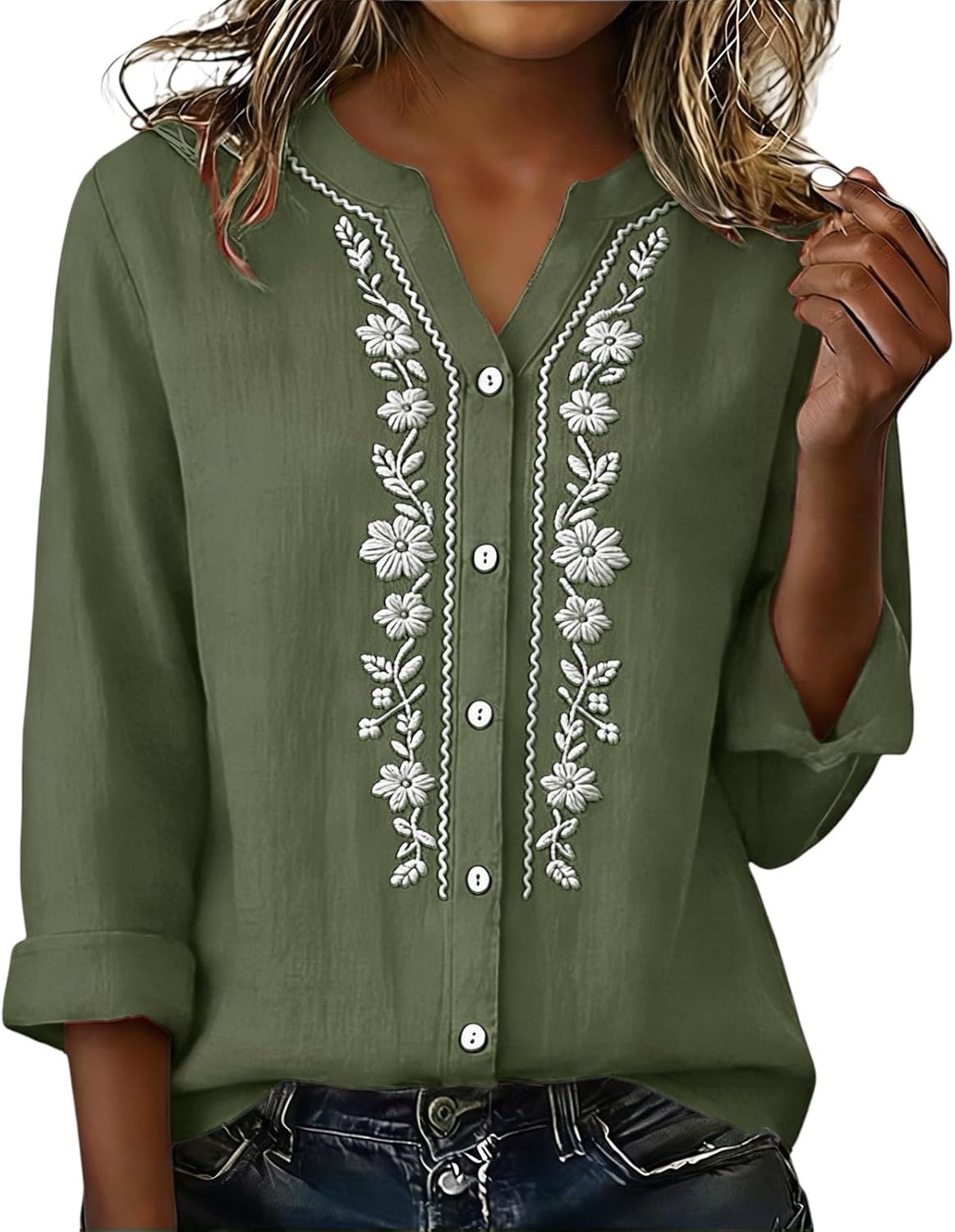 Linen Shirts for Women - Summer Plus Size Embroidered Tops 3/4 Sleeve V Neck Button Blouses Beach Vacation Clothes - Image 2