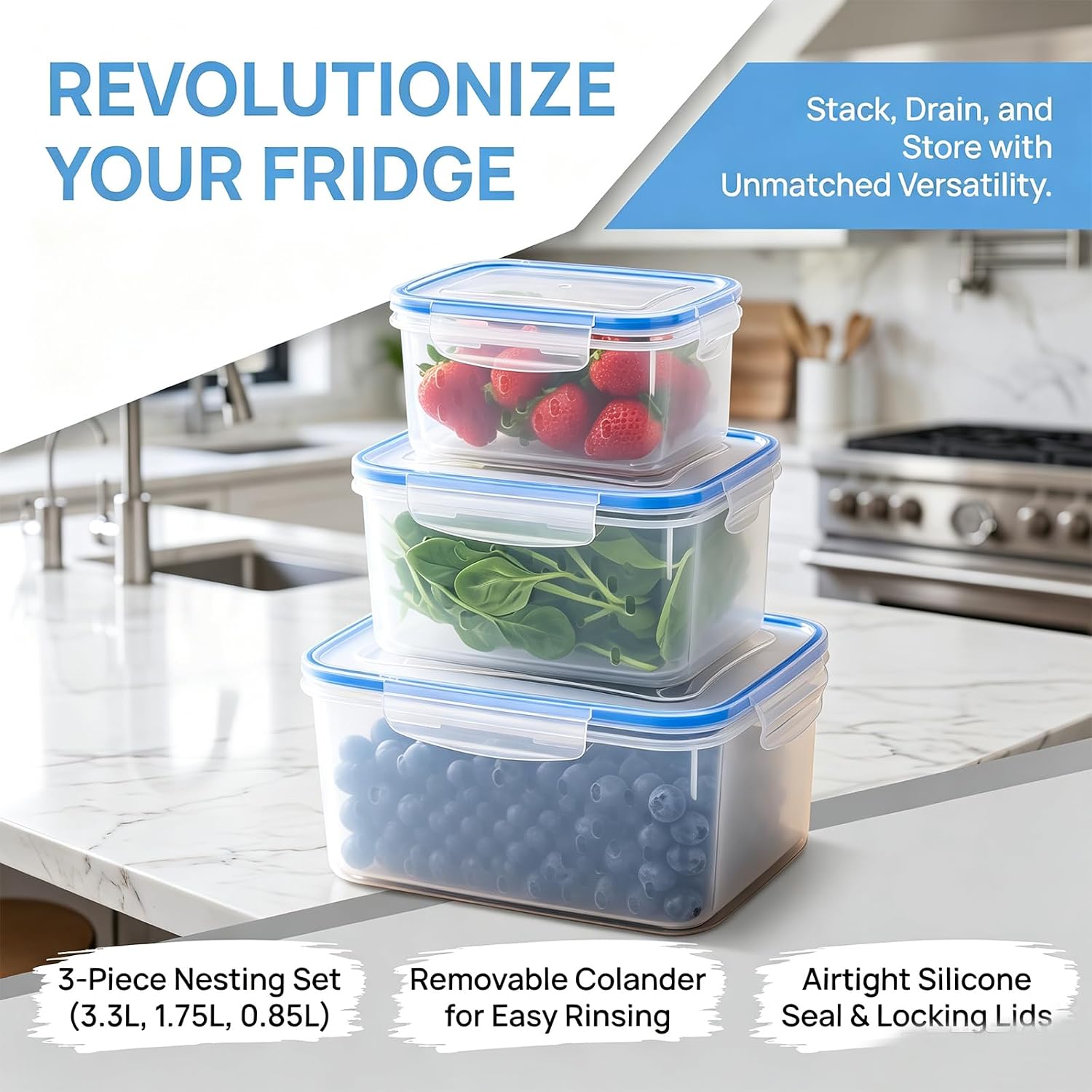 3 Pack Fruit Storage Containers Fridge Organizers Storage Box with Lids