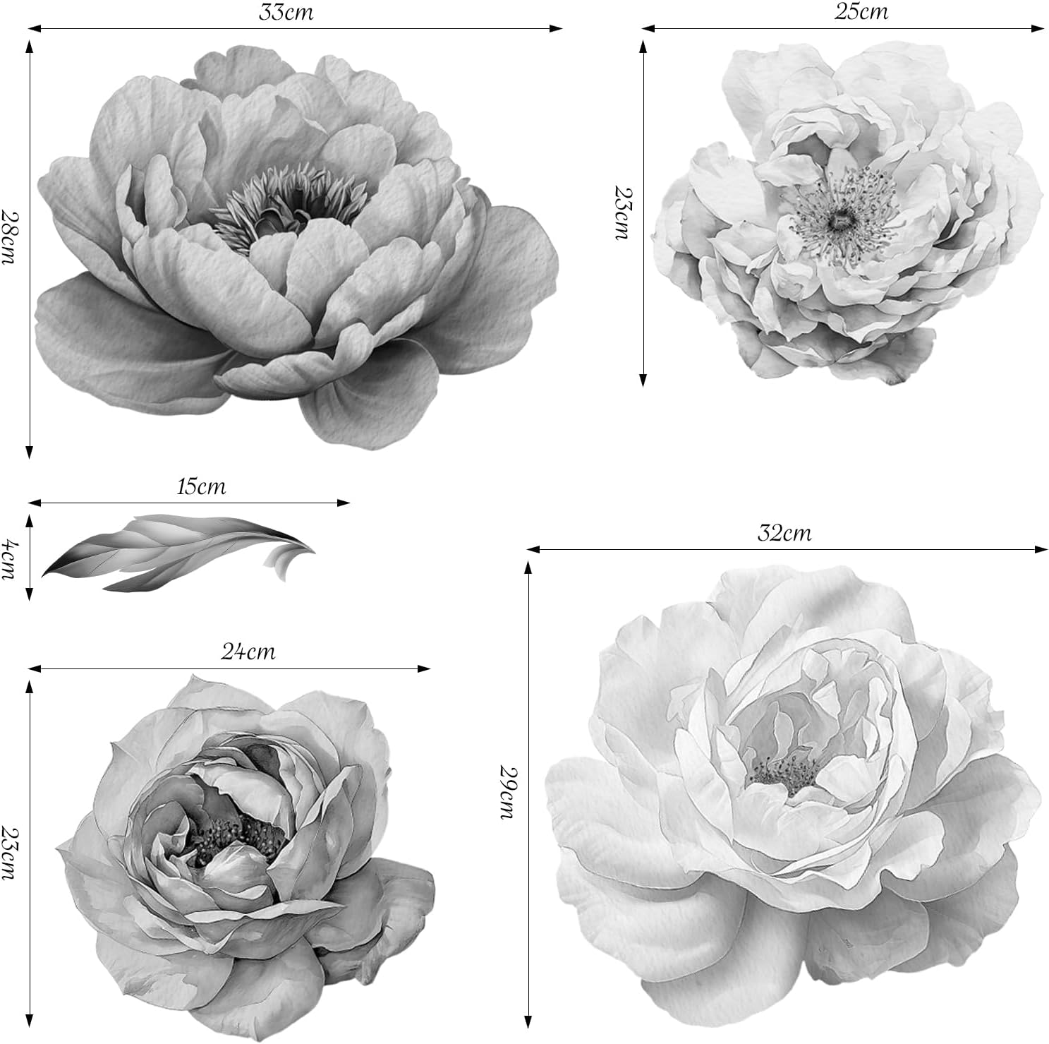 SHUCHING Large Flower Wall Sticker Peel and Stick, Vinyl Black and White Flower Peony Wall Decal, Realistic Floral Wall Decor Art for Living Room Bedroom