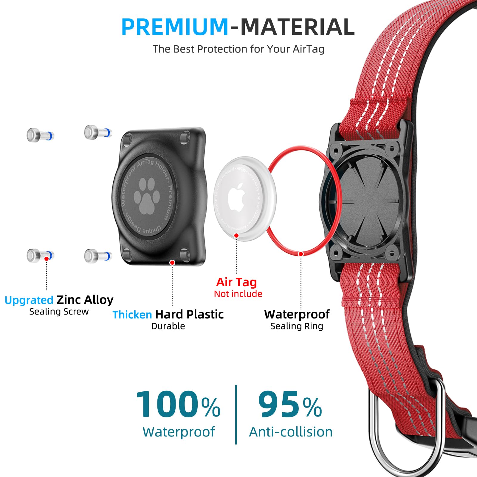 Collar de perro AirTag mejorado, soporte impermeable IP68 para collar de perro, reflectante, ultraduradero, cómodo acolchado, collares de perro resistentes para perros pequeños, medianos y grandes (L
