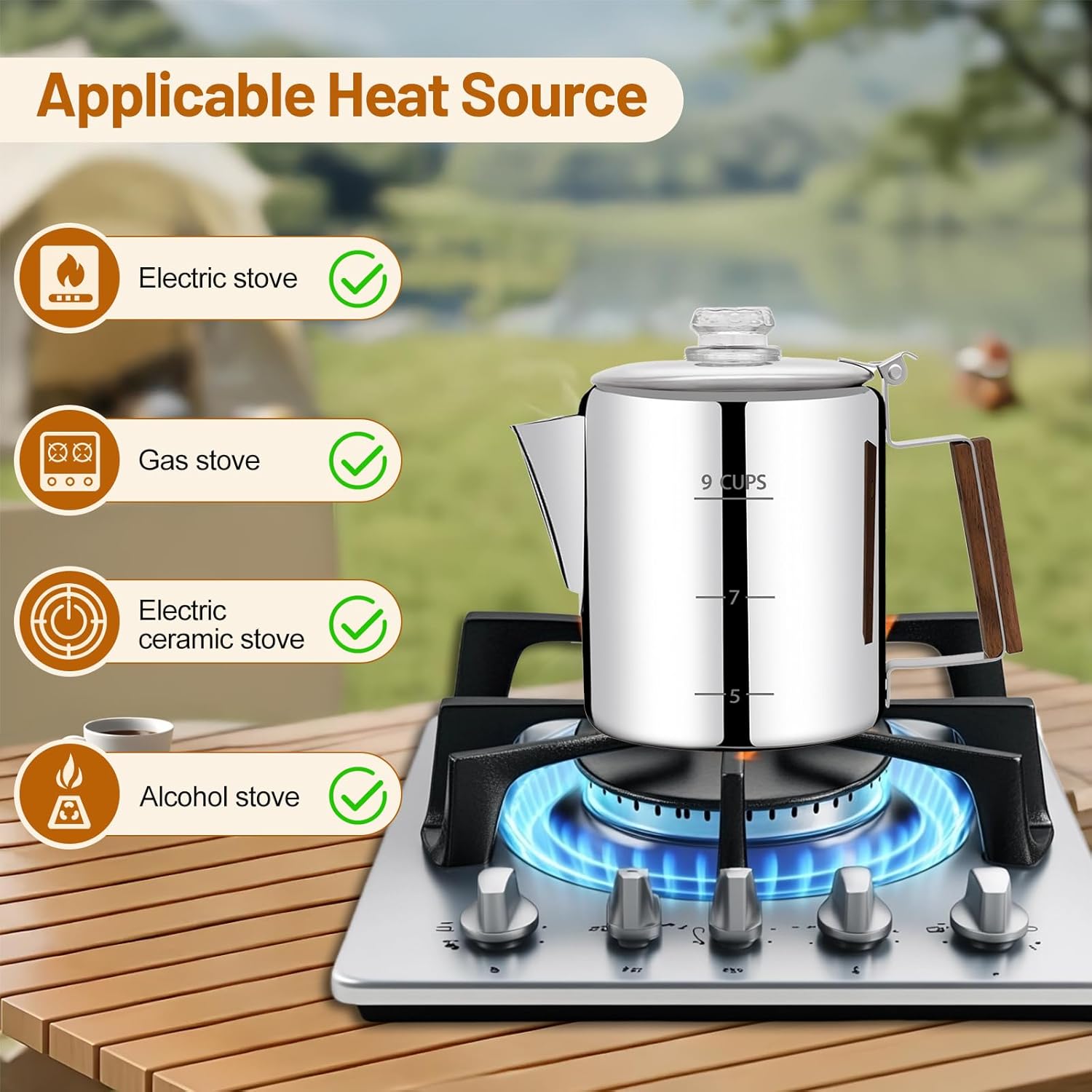 No Coating 9 Cup Percolator Coffee Pot 304 Stainless Steel Moka Pot Stovetop Espresso Maker Italian Greca Cuban Machine 1500ml 50.7oz Suitable for Gas Induction Stovetop Camping Kettle